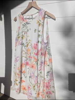 Calvin Klein White Floral Sleeveless Dress with Pink, Purple & Peach Accents